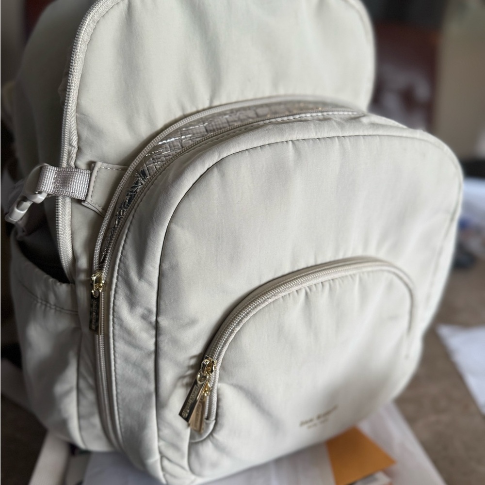 Isaac Mizrahi Beige Backpack with Pink Interior “Stanley backpack”